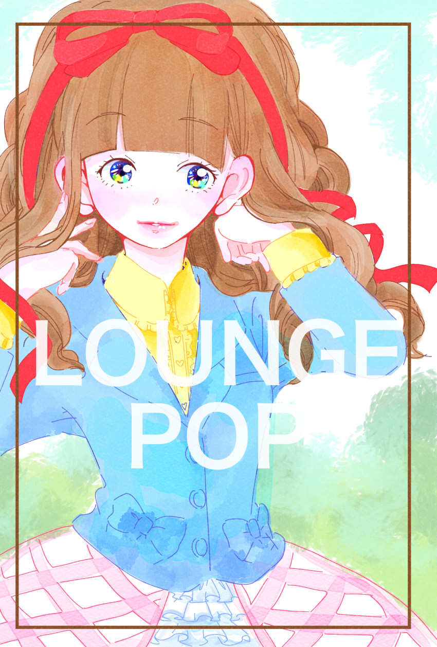 1girl, bemani, blue_bow, blue_eyes, blue_jacket, blunt_bangs, bow, brown_hair