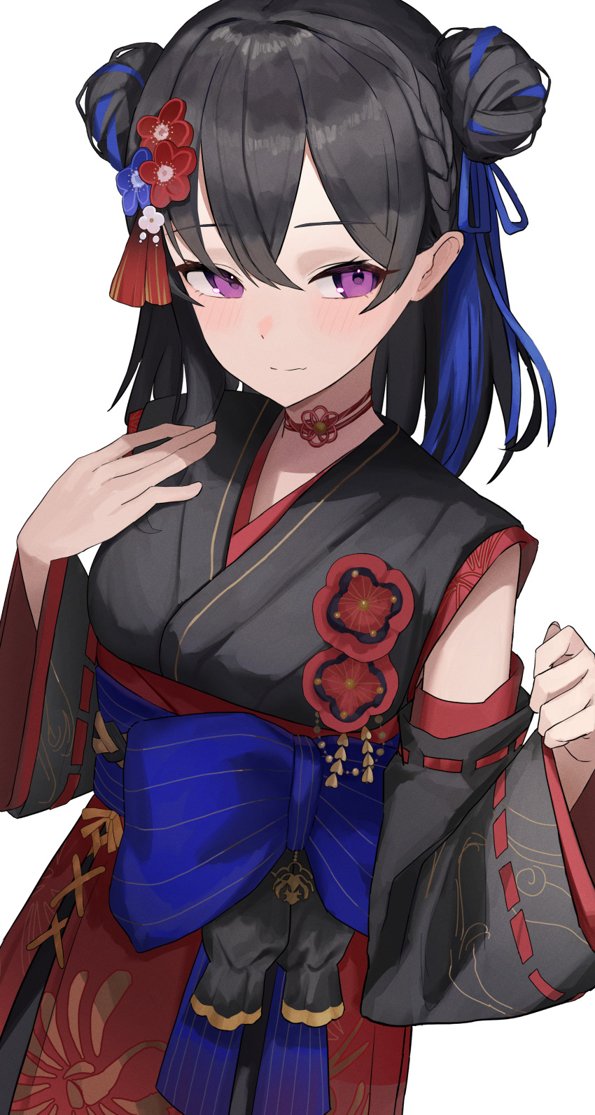 1girl, absurdres, black_hair, black_kimono, black_sleeves, blue_bow, blue_hair, blue_sash