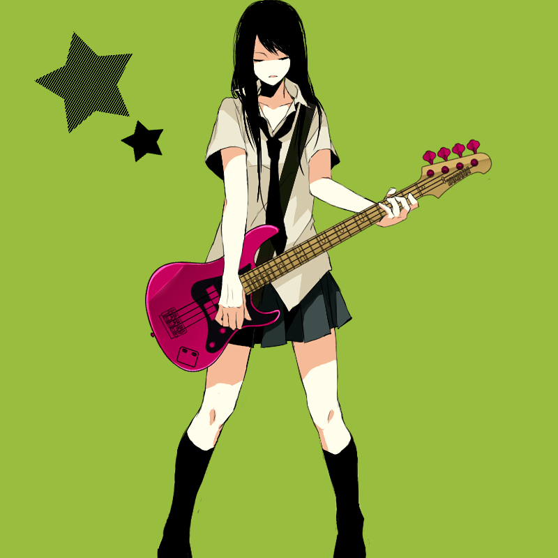 1girl, bad_id, bad_pixiv_id, bass_guitar, black_hair, closed_eyes, female_focus, green_theme