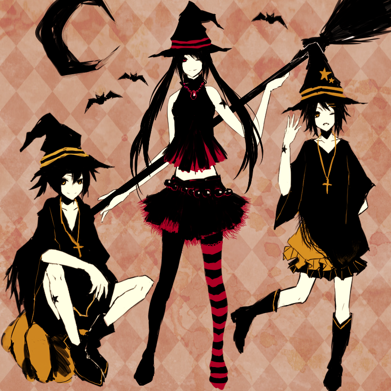 1boy, 2girls, asymmetrical_legwear, bad_id, bad_pixiv_id, bat_(animal), black_hair, black_legwear
