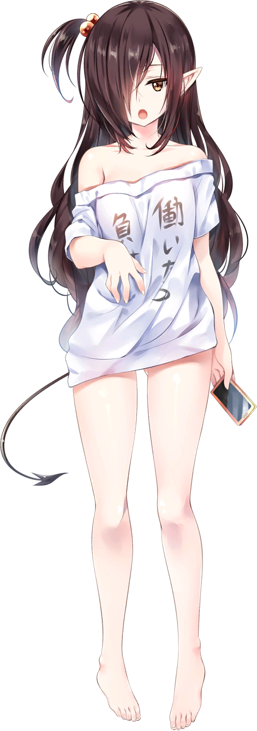 1girl, bare_shoulders, barefoot, breasts, brown_eyes, brown_hair, demon_girl, demon_tail, dolores_(taimanin_asagi), feet, full_body, highres, holding, holding_phone, lilith-soft, long_hair, long_shirt, monster_girl, official_art, one_eye_closed, open_mouth, otaku, phone, pointy_ears, sakuranbo, side_ponytail, simple_background, small_breasts, tail, taimanin_(series), taimanin_rpgx
