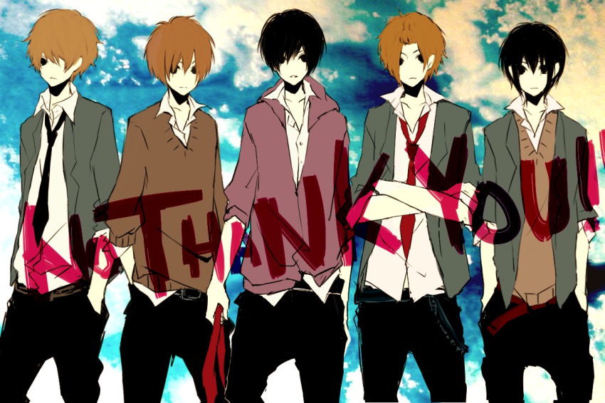 5boys, akiyama_mio, bad_id, bad_pixiv_id, black_eyes, brown_hair, crossed_arms, genderswap