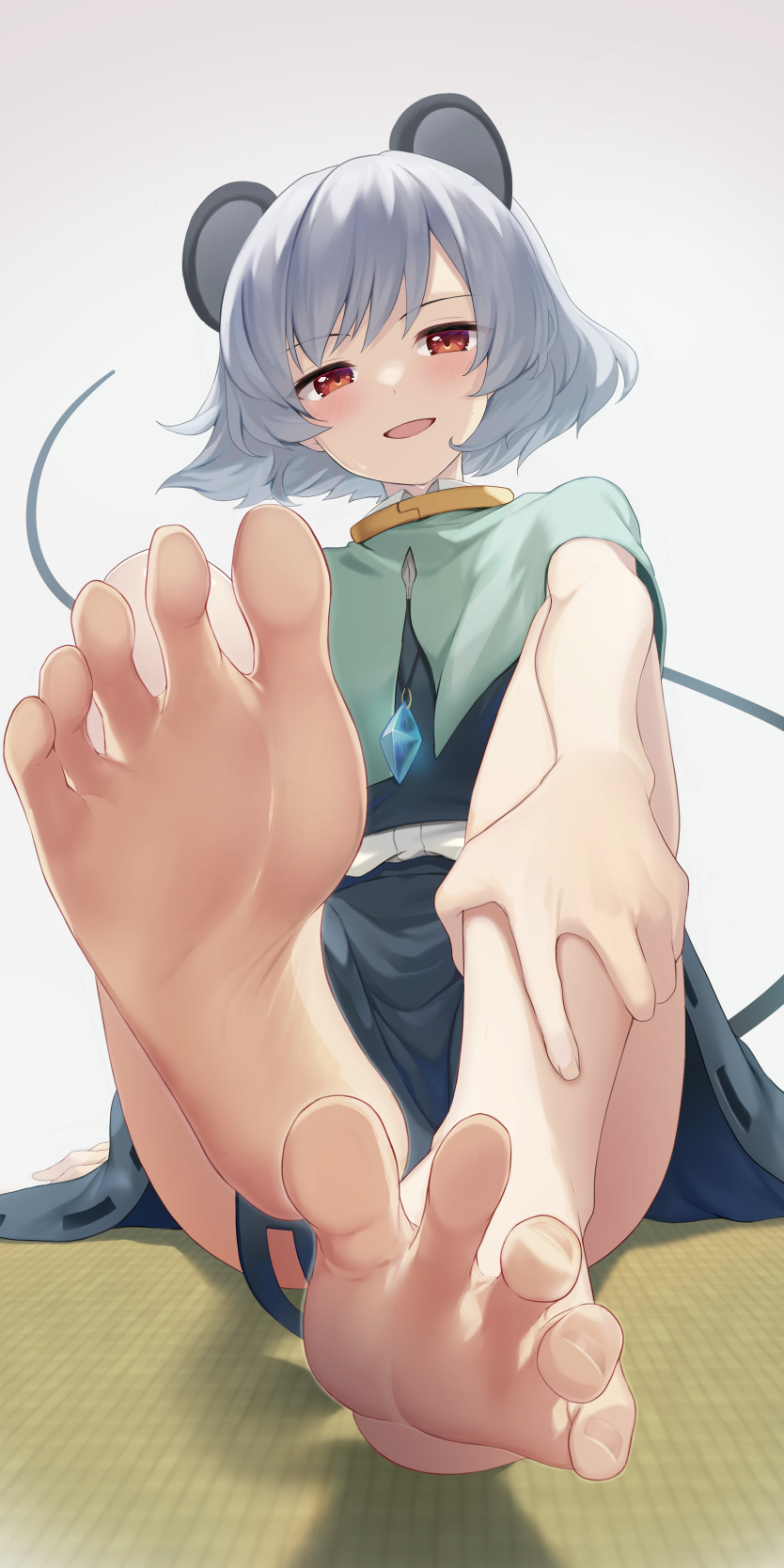 1girl, :d, animal_ears, barefoot, black_skirt, blush, capelet, commentary_request, feet, foot_focus, foreshortening, full_body, gradient_background, grey_background, grey_hair, highres, jewelry, looking_at_viewer, mouse_ears, mouse_tail, nazrin, nazrin_day, necklace, nnyara, open_mouth, pendant, red_eyes, short_hair, simple_background, sitting, skirt, smile, soles, solo, spread_toes, tail, tatami, toes, touhou, white_background