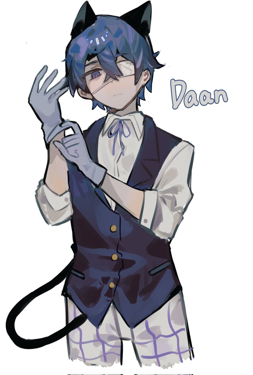 1boy, adjusting_clothes, adjusting_gloves, akasasachii, animal_ears, black_tail, black_vest, blue_eyes