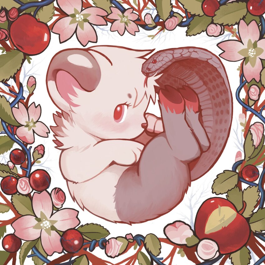 animal, animal_focus, apple, baby_animal, border, commentary, creature, creature_focus, english_commentary, eyelashes, flower, food, fruit, full_body, highres, hooves, leaf, no_humans, original, pink_eyes, snake_head_tail, softmio, tail, white_background