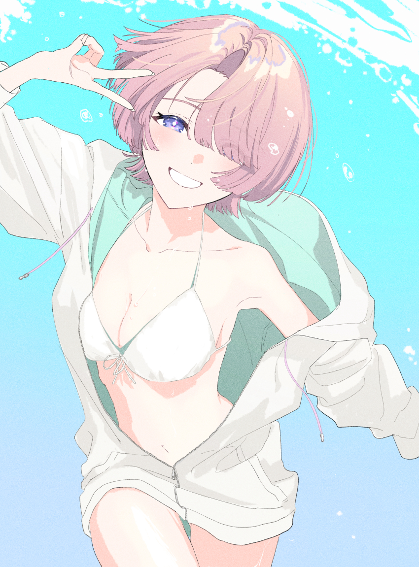 1girl, absurdres, arimura_mao, asymmetrical_bangs, bikini, blush, breasts, cleavage, collarbone, commentary, fingernails, front-tie_bikini_top, front-tie_top, gakuen_idolmaster, hair_over_one_eye, halterneck, highres, hood, hooded_jacket, idolmaster, jacket, jacket_over_swimsuit, jacket_partially_removed, looking_at_viewer, medium_breasts, nagori_michiru, navel, partially_unzipped, pink_hair, purple_eyes, smile, solo, string_bikini, swimsuit, two-sided_fabric, two-sided_jacket, v, white_bikini, white_jacket