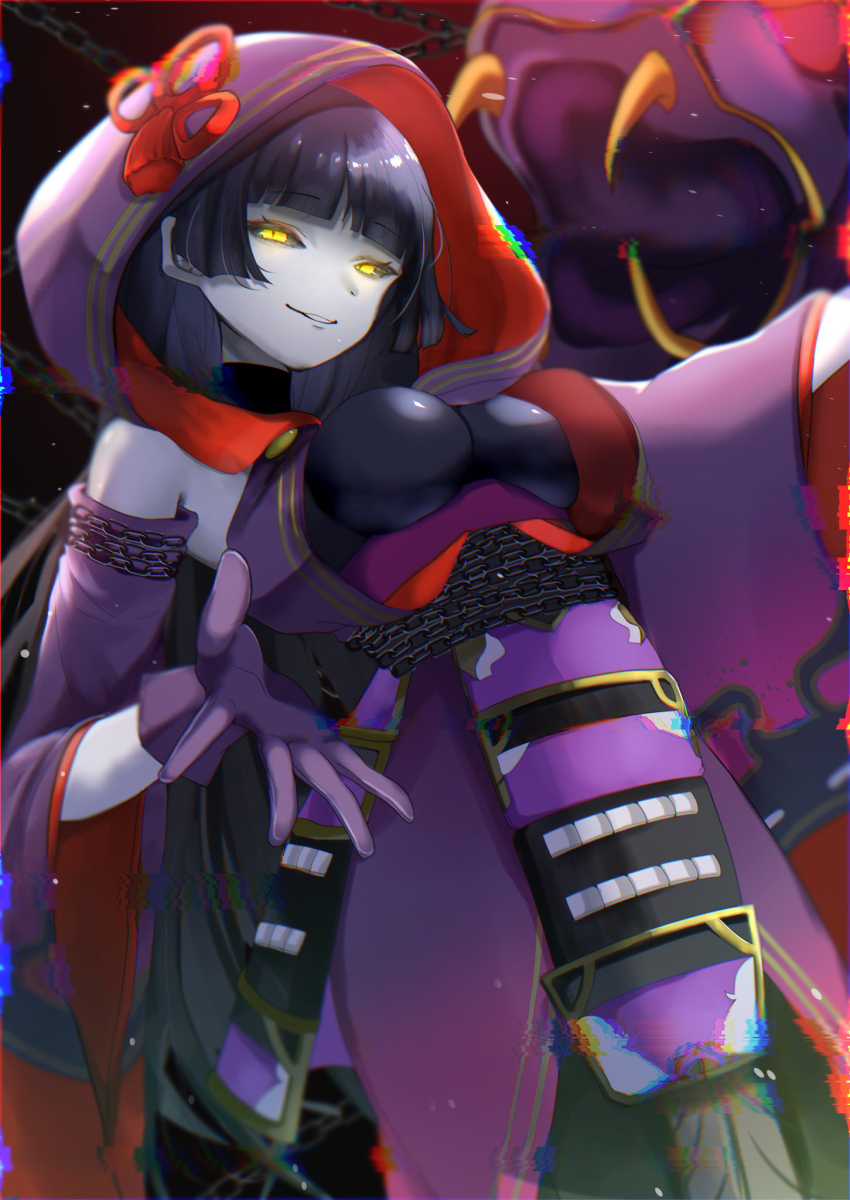 1girl, black_hair, blunt_bangs, breasts, chain, cleavage, detached_sleeves, duel_monster