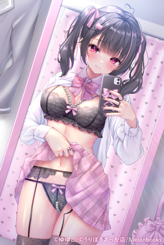 1girl, ahoge, black_bra, black_hair, black_panties, bow, bow_bra, bow_panties