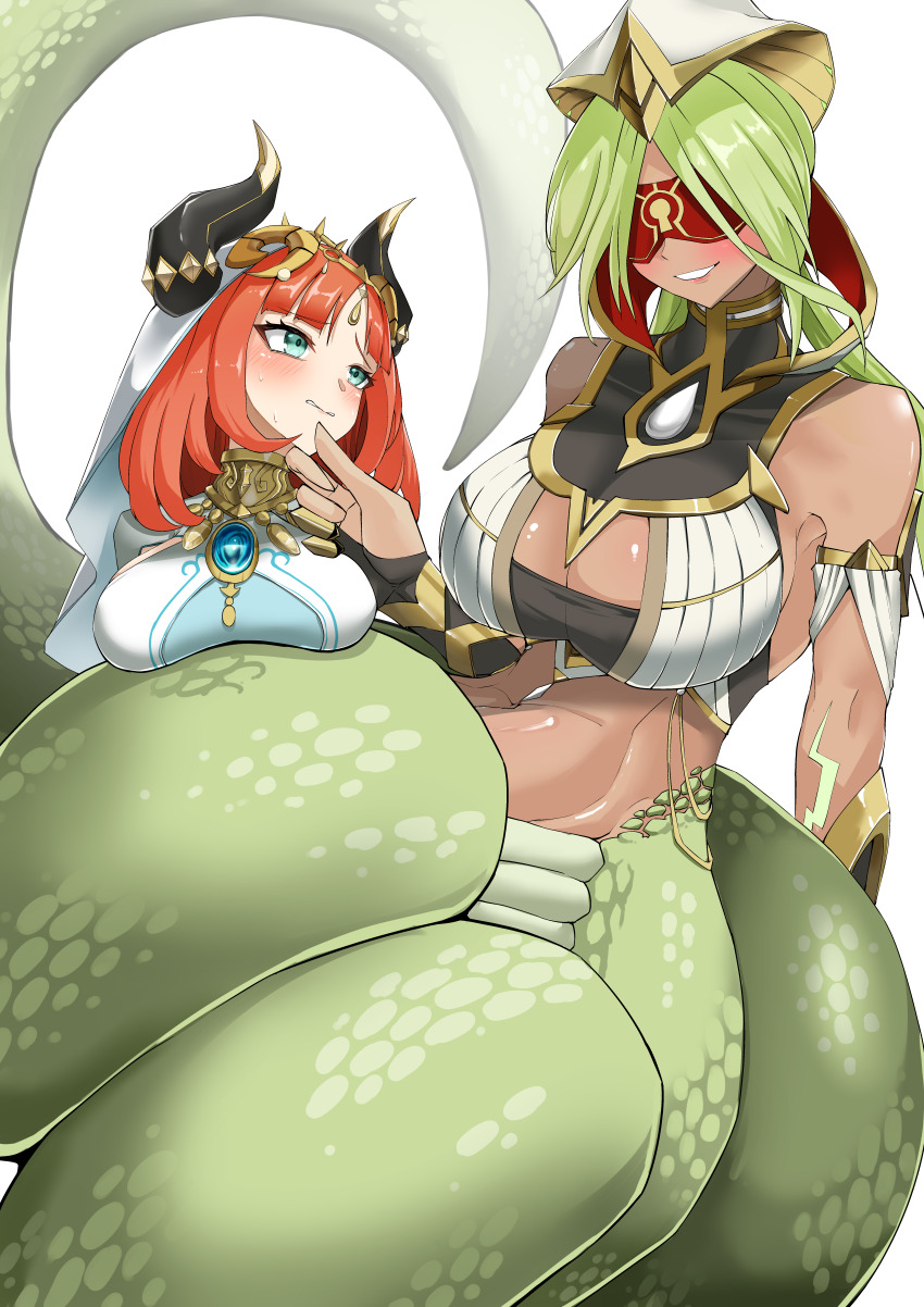 2girls, absurdres, aqua_eyes, bare_shoulders, bdsm, blindfold, blush, bondage, bound, breasts, brooch, dark_skin, eremite_(faction), eremite_floral_ring-dancer_(genshin_impact), fake_horns, genshin_impact, green_hair, grin, highres, horns, jewelry, lamia, large_breasts, long_hair, monster_girl, multiple_girls, navel, neck_ring, nilou_(genshin_impact), nubebenbe, red_hair, simple_background, smile, snake_bondage, stomach, white_background