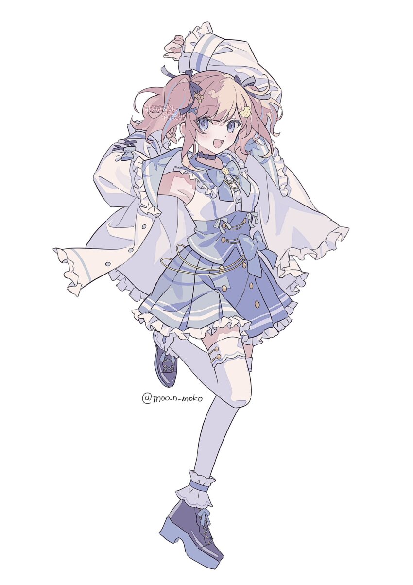 1girl, arms_up, artist_name, black_choker, blue_eyes, blue_ribbon, blue_skirt, choker