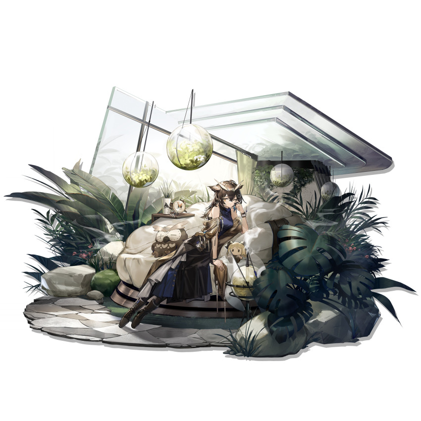 1girl, absurdres, alarm_clock, alpha_transparency, arknights, bare_shoulders, black_skirt, boots