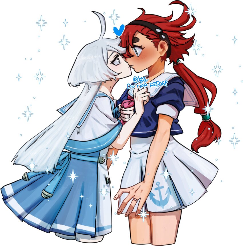 2girls, absurdres, ahoge, black_hairband, blue_dress, blue_shirt, blush, capelet