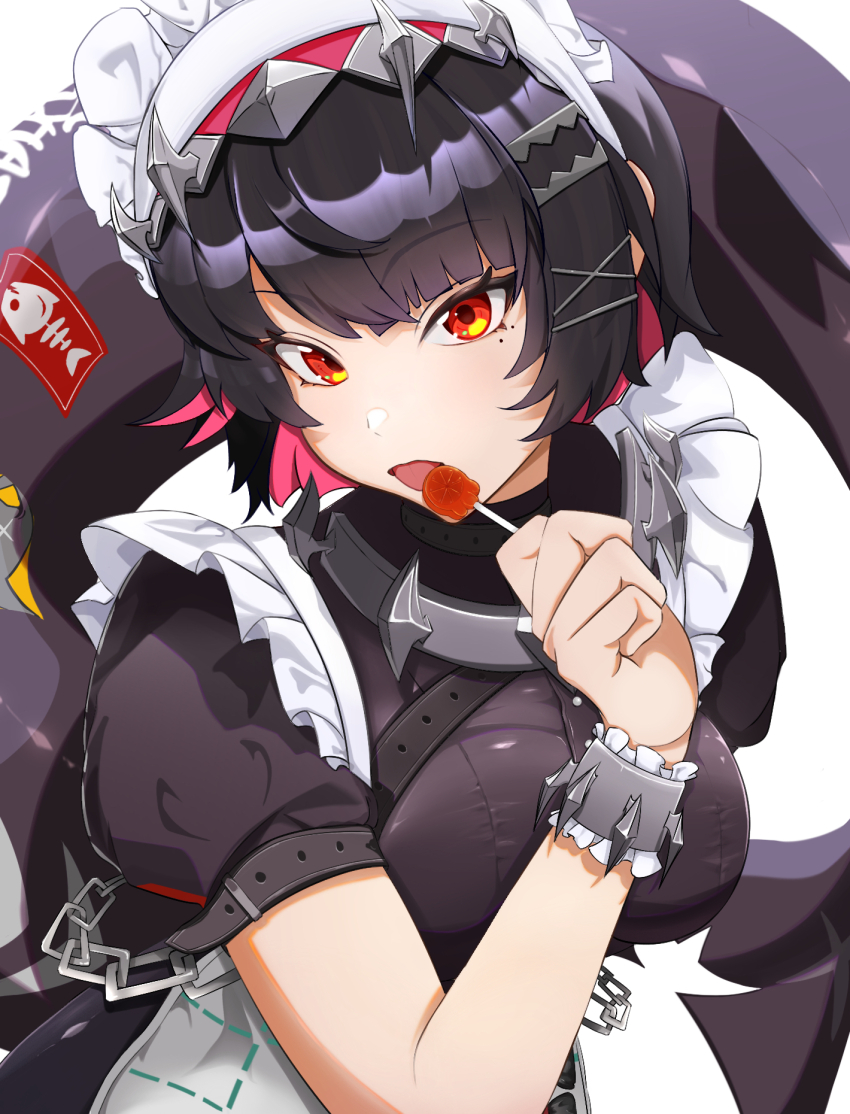 1girl, art_eichi, black_hair, breasts, candy, commentary_request, ellen_joe, fins, fish_tail, food, highres, holding, holding_candy, holding_food, holding_lollipop, lollipop, looking_at_viewer, maid, maid_headdress, medium_breasts, mole, mole_under_eye, multicolored_hair, open_mouth, red_eyes, red_hair, shark_girl, shark_tail, short_hair, short_sleeves, simple_background, solo, tail, two-tone_hair, upper_body, white_background, zenless_zone_zero