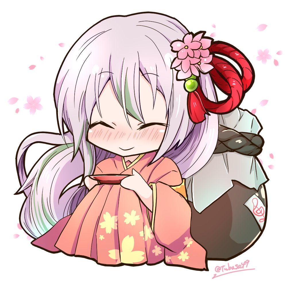 1girl, artist_name, blush, cherry_blossoms, chibi, closed_mouth, commentary, cup