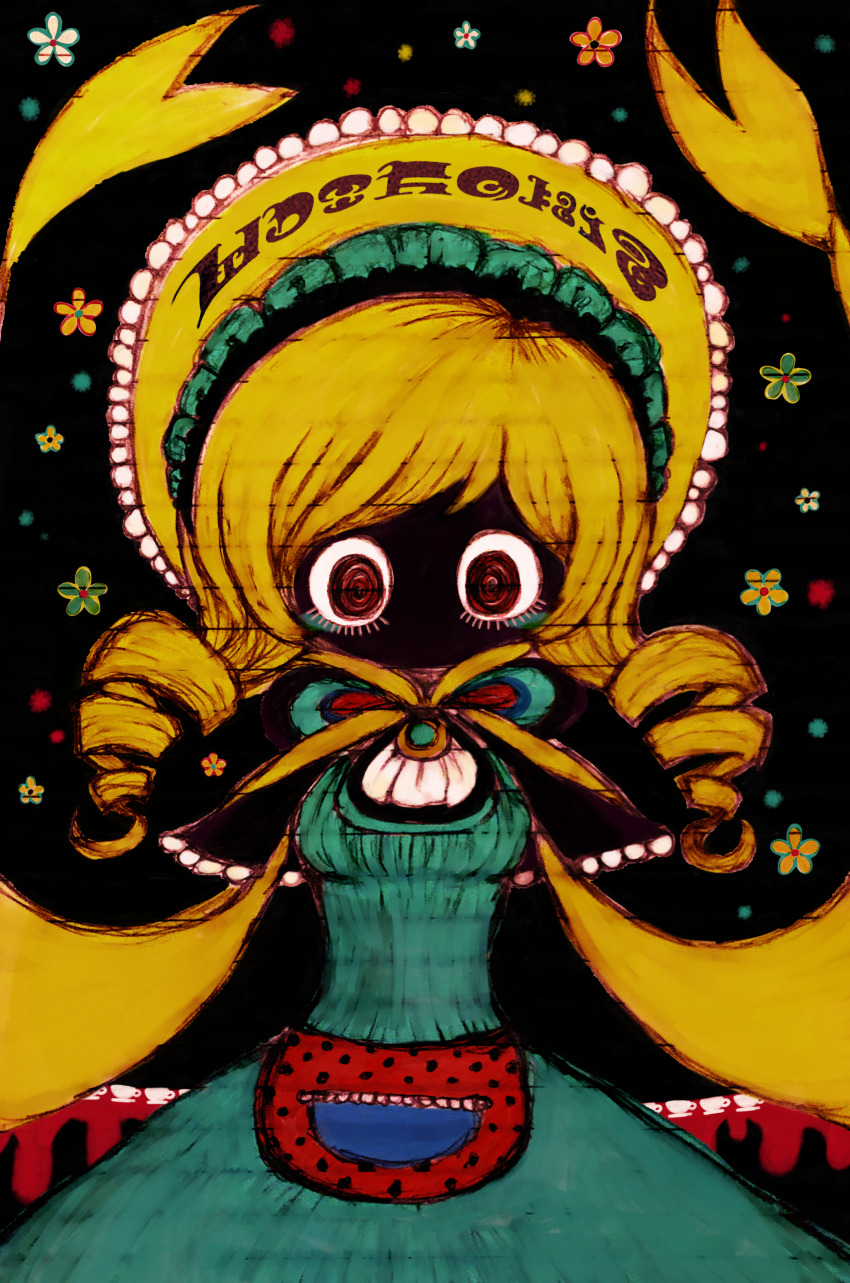 1girl, @_@, absurdres, aqua_dress, black_background, blonde_hair, blood, blood_drip