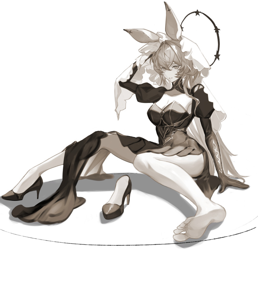 1girl, absurdres, animal_ears, arknights, barefoot, black_dress, black_gloves, black_halo