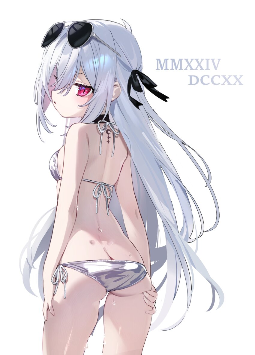 1girl, absurdres, ass, back, bikini, butt_crack, dimples_of_venus, eyewear_on_head, from_behind, grey_bikini, hair_ribbon, highres, loli, long_hair, looking_at_viewer, looking_back, mearylis_(yamanasi_mikage), original, parted_lips, profile, red_eyes, ribbon, roman_numeral, side-tie_bikini_bottom, simple_background, slit_pupils, solo, sunglasses, swimsuit, wet, white_background, white_hair, yamanasi_mikage