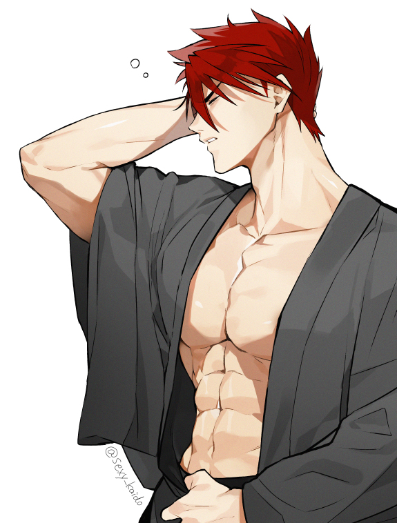 1boy, abs, arm_behind_head, closed_eyes, collarbone, from_side, frown, grey_kimono