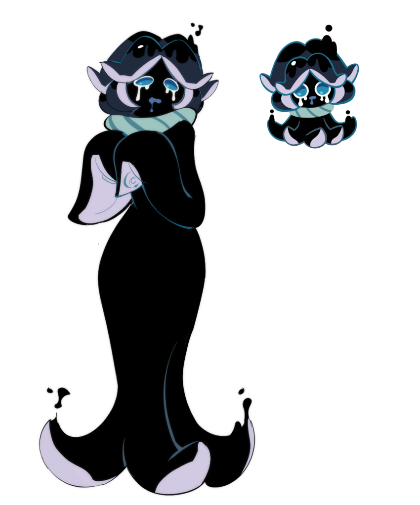 1boy, black_hair, black_skin, black_tentacles, blue_eyes, blue_mouth, bob_cut, colored_skin, cookie_run, creature_and_personification, crying, crying_with_eyes_open, dripping, drooling, full_body, hands_up, highres, humanization, ink, male_focus, mouth_drool, open_mouth, personification, scarf, simple_background, squid_ink_cookie, striped_clothes, striped_scarf, tears, tentacle_hair, tentacle_legs, tentacles, tentacles_as_hands, white_background