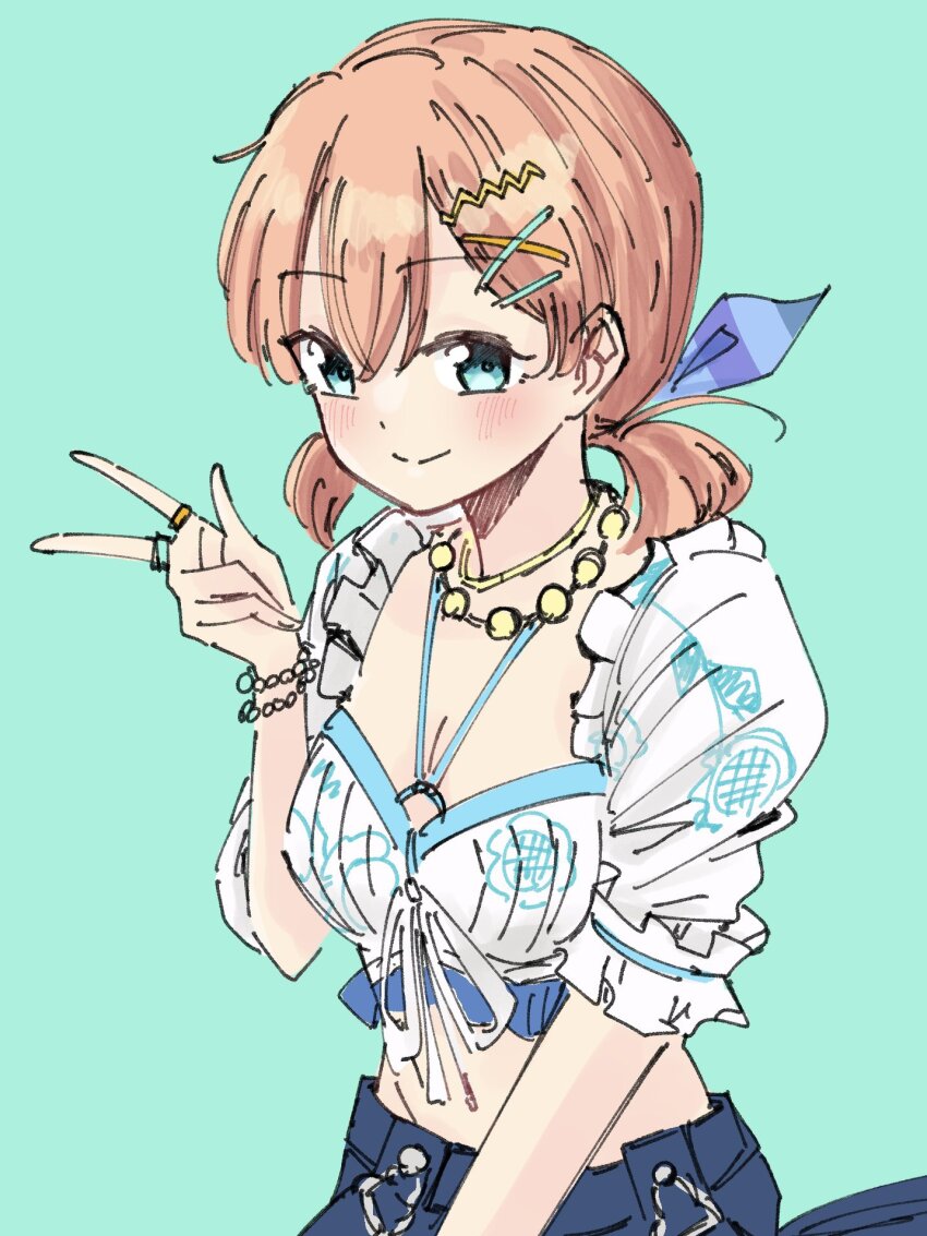 1girl, aqua_background, aqua_eyes, ayu_(ayu_illustrate), blue_shorts, blush, breasts, cleavage