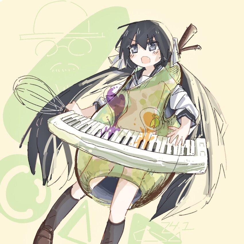 1girl, ayaka_(shimeji_simulation), black_sailor_collar, egg, eggplant, fang, floating, food