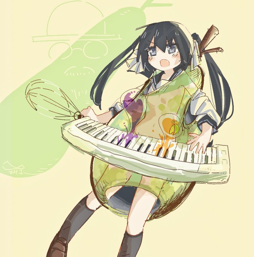 1girl, ayaka_(shimeji_simulation), black_sailor_collar, commentary, egg, eggplant, fang, floating