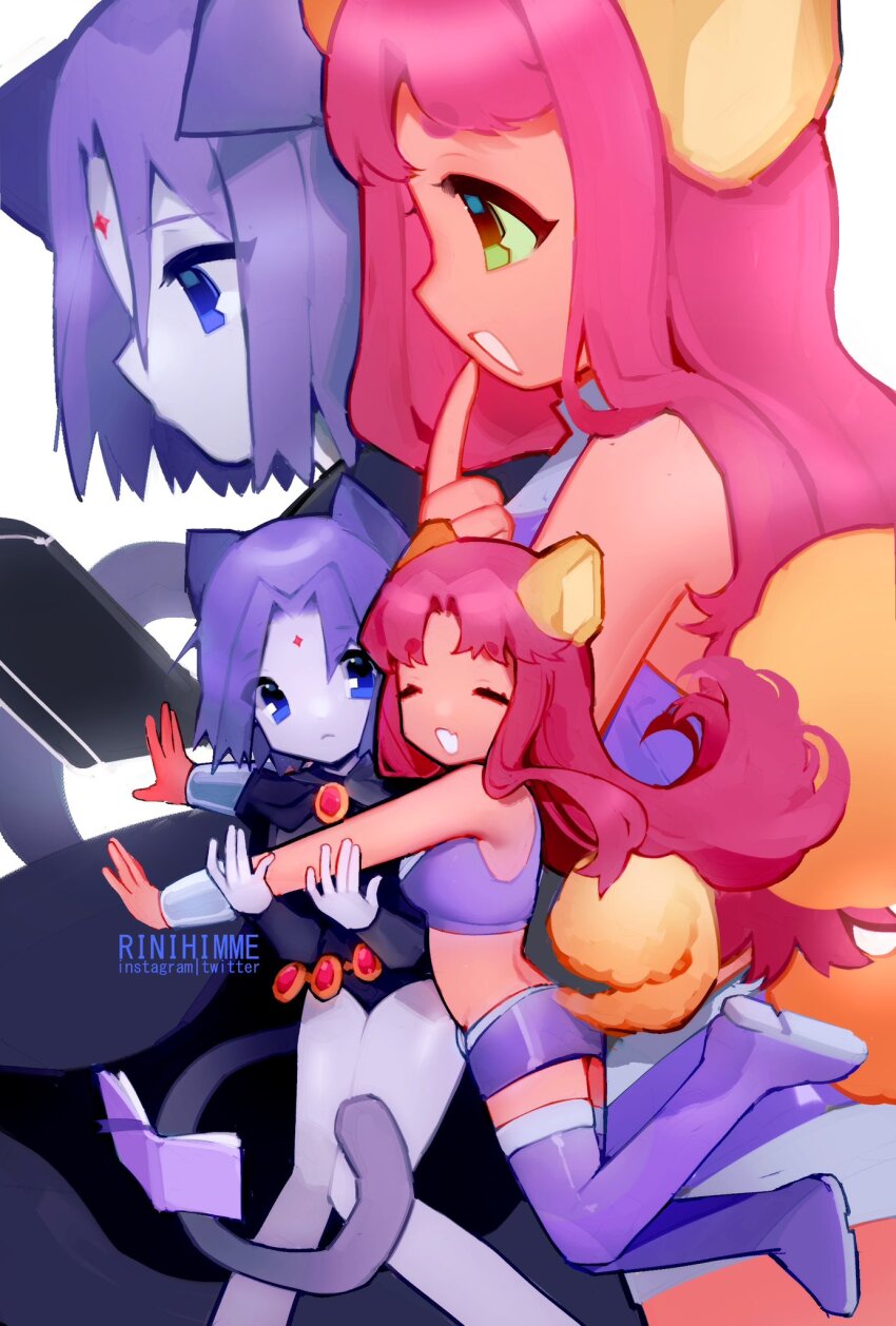 2girls, :d, animal_ears, artist_name, blue_eyes, book, boots, cat_ears, cat_girl, cat_tail, closed_eyes, closed_mouth, colored_skin, commentary, crop_top, dark-skinned_female, dark_skin, dc_comics, dog_ears, dog_girl, dog_tail, english_text, green_eyes, grey_skin, happy, highres, hug, hug_from_behind, kemonomimi_mode, long_hair, looking_at_another, midriff, miniskirt, multiple_girls, open_mouth, purple_footwear, purple_hair, purple_shirt, purple_skirt, raven_(dc), red_hair, rinihimme, shirt, short_hair, skirt, sleeveless, sleeveless_shirt, smile, starfire, untranslatable_commentary, tail, teen_titans, thigh_boots, thighhighs, watermark, y2k_fashion, zettai_ryouiki