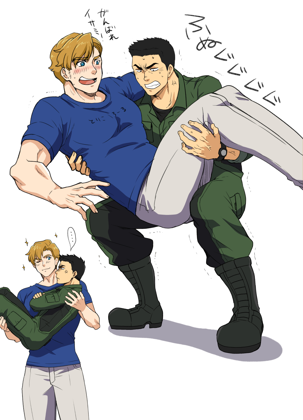 2boys, anger_vein, ao_isami, bara, black_hair, blonde_hair, carrying, clenched_teeth