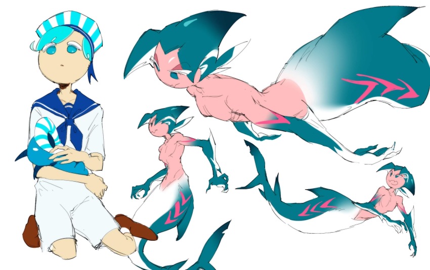 2boys, aqua_eyes, aqua_hair, aqua_skin, aqua_tail, arm_fins, blue_eyes, blue_hair