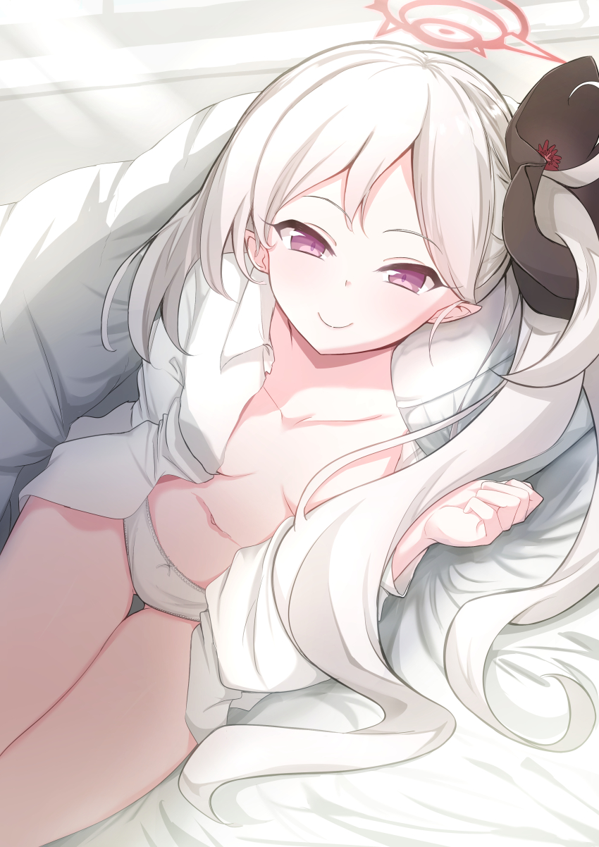 1girl, absurdres, blue_archive, highres, looking_at_viewer, mutsuki_(blue_archive), no_bra, open_clothes, open_shirt, shirt, side_ponytail, smile, solo, sumioo_(sumikko_no_ousama), white_shirt