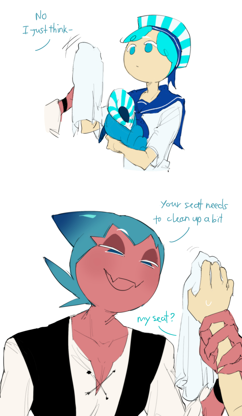 2boys, absurdres, aqua_eyes, aqua_hair, arm_up, black_vest, blue_eyes, blue_hair