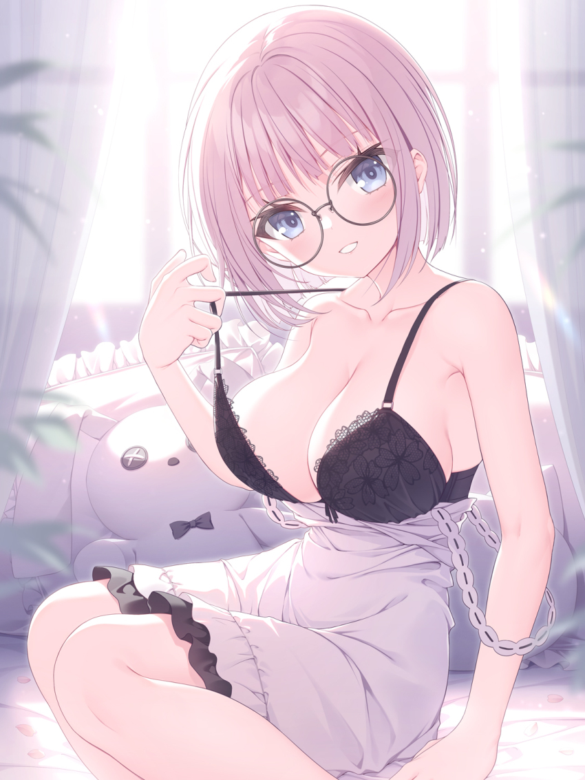 1girl, arm_at_side, backlighting, bare_shoulders, black-framed_eyewear, black_bra, bloom, blue_eyes