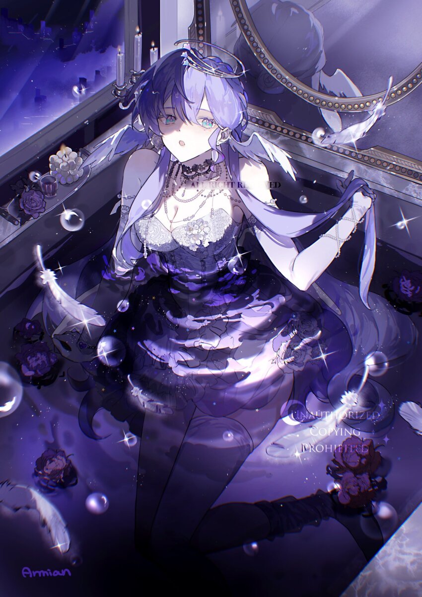 1girl, :o, adapted_costume, armian, artist_name, bare_shoulders, blue_eyes, breasts, bubble, candle, candlestand, cleavage, commentary, dress, elbow_gloves, english_commentary, falling_feathers, feathers, flower, gloves, hair_between_eyes, halo, head_wings, highres, honkai:_star_rail, honkai_(series), jewelry, long_hair, looking_at_viewer, medium_breasts, mirror, multiple_necklaces, necklace, partially_submerged, purple_flower, purple_hair, reflection, robin_(honkai:_star_rail), sitting, solo, strapless, strapless_dress, thighhighs, very_long_hair, water, watermark, white_dress, white_gloves, white_thighhighs, white_wings, wings