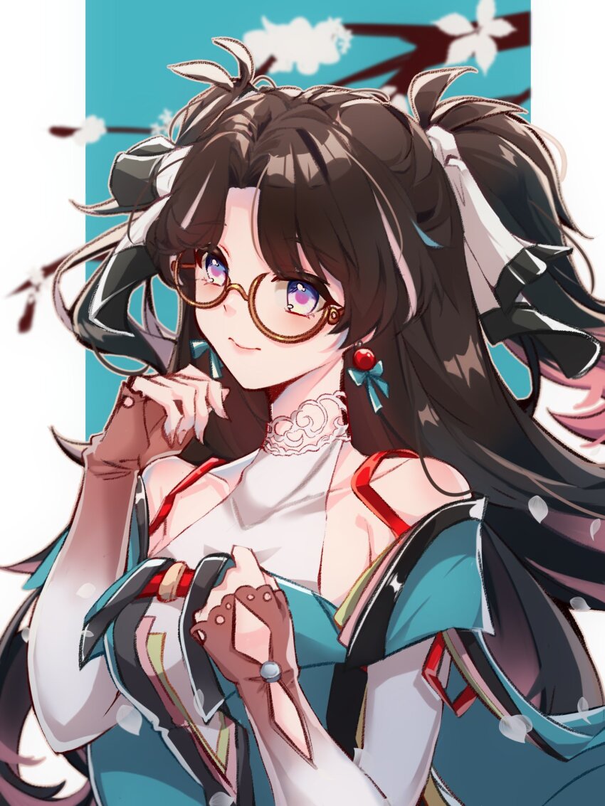 1girl, aki_rii25, aqua_dress, bare_shoulders, blue_eyes, blush, bow, bright_pupils, brown_hair, dress, earrings, glasses, hair_bow, highres, jewelry, long_hair, long_sleeves, pink_pupils, semi-rimless_eyewear, smile, twintails, upper_body, white_bow, wuthering_waves, zhezhi_(wuthering_waves)