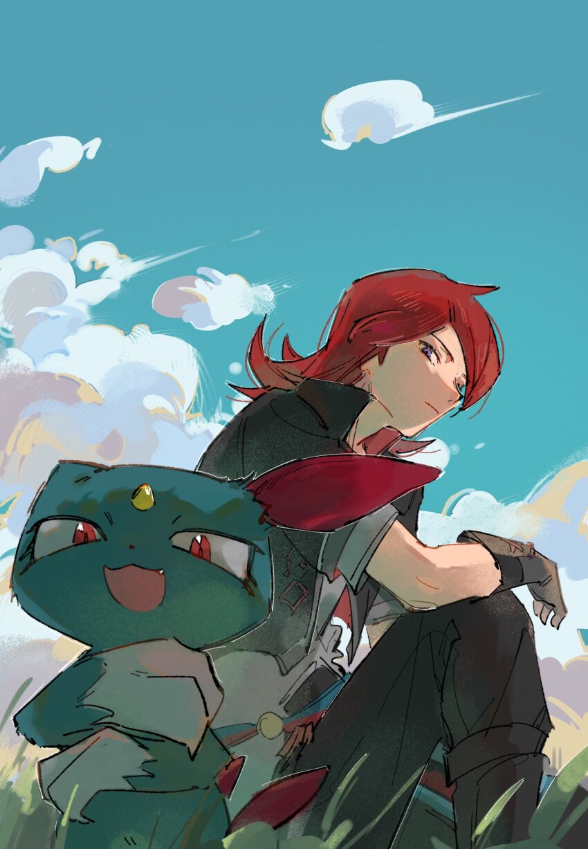 1boy, black_gloves, black_jacket, black_pants, blue_fur, claws, closed_mouth, cloud