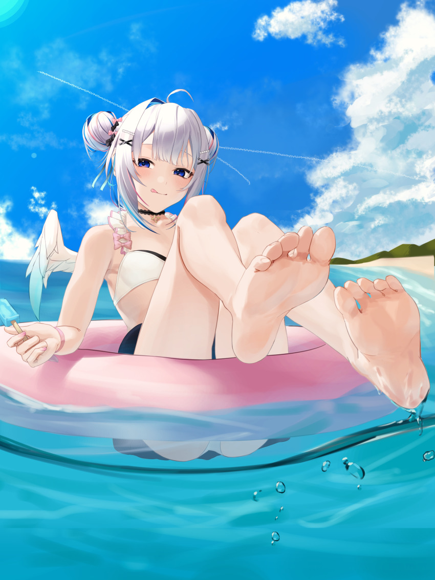 1girl, :q, absurdres, ahoge, amane_kanata, amane_kanata_(summer), barefoot, beach