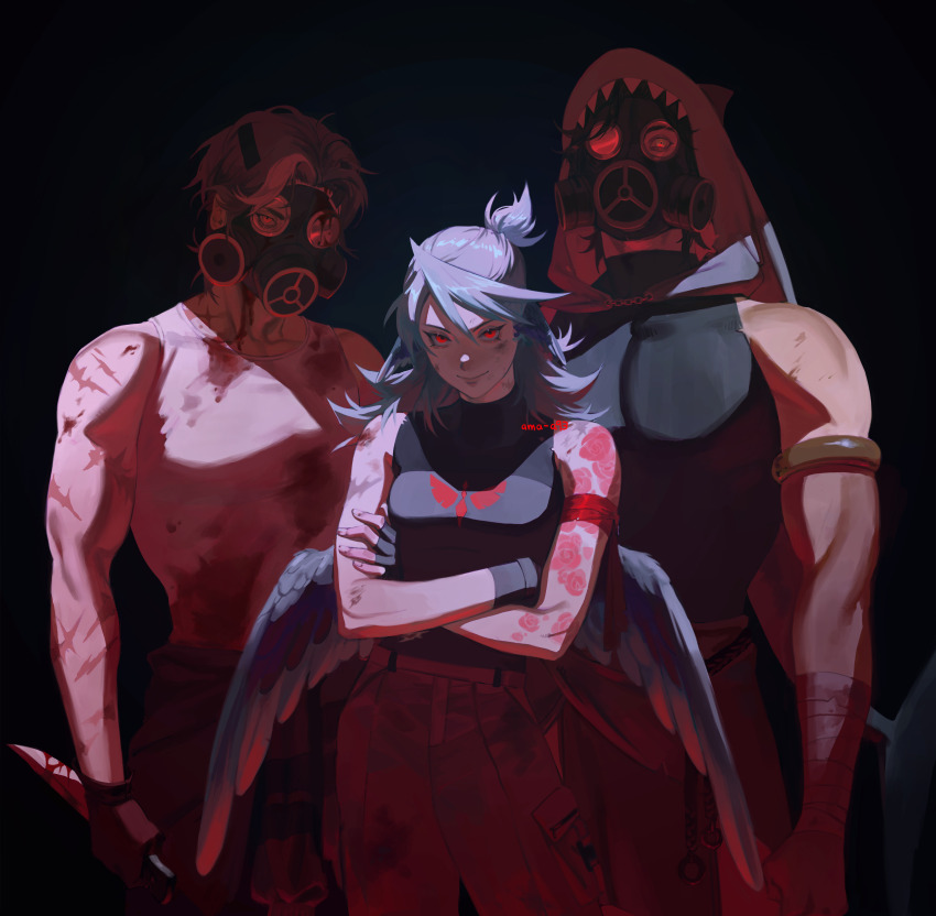 1girl, 2boys, absurdres, ama_a93, animal_hood, bird_girl, bird_wings, blood, breasts, cellbit, commentary, crossed_arms, english_commentary, fins, fish_tail, foolish_gamers, gas_mask, highres, holding, holding_knife, hood, hood_up, indie_virtual_youtuber, jaiden_animations, knife, mask, minecraft_youtube, multiple_boys, muscular, muscular_male, pants, purgatory_(quackity_smp), quackity_smp, shark_tail, tail, tank_top, virtual_youtuber, wings