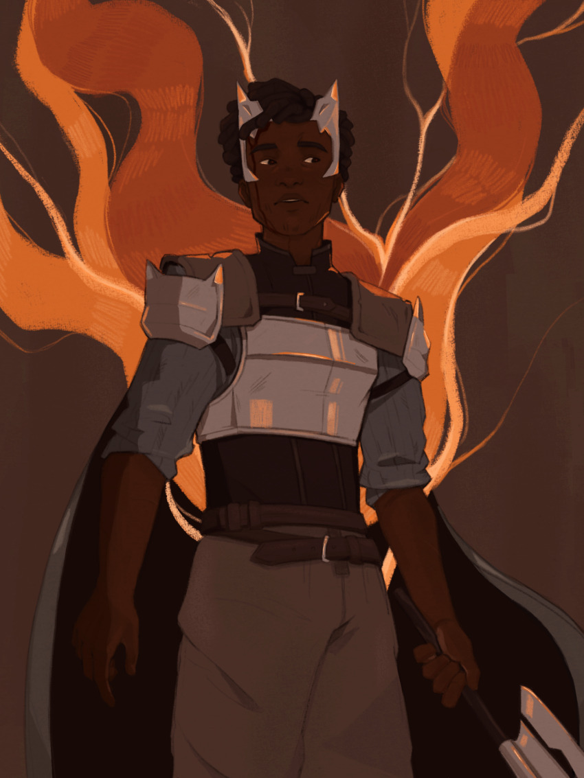 1boy, armor, axe, belt, bigbst4tz2, black_eyes, black_hair, blood_from_forehead