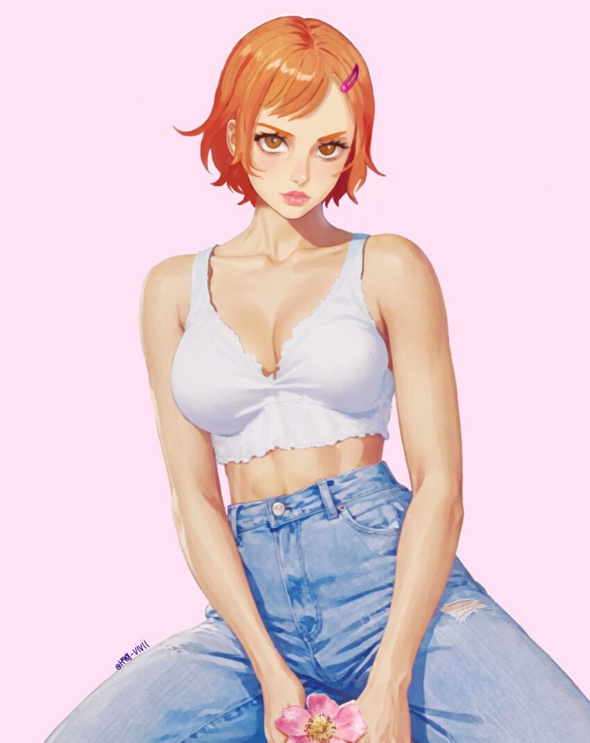1girl, ai-assisted, bare_arms, blue_pants, blush, bra, bralette, brown_eyes, closed_mouth, collarbone, commentary, denim, english_commentary, feet_out_of_frame, flower, hair_ornament, hairclip, heyy_vivii, high-waist_pants, highres, jeans, nami_(one_piece), one_piece, orange_hair, own_hands_together, pants, pink_background, pink_flower, pink_lips, short_hair, simple_background, sitting, solo, torn_clothes, torn_jeans, torn_pants, twitter_username, underwear, white_bra