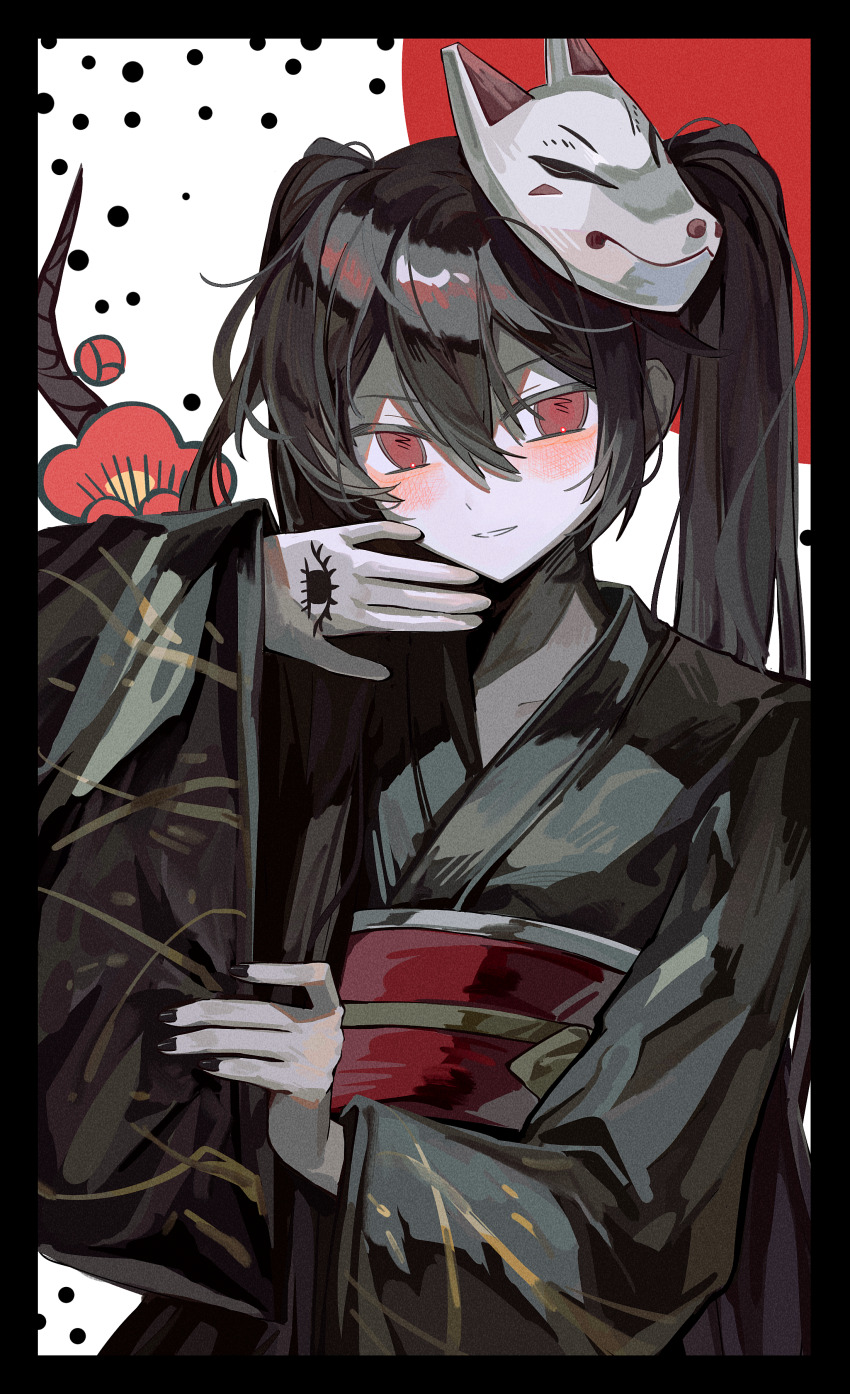 1girl, absurdres, black_border, black_hair, black_kimono, black_nails, blush, border