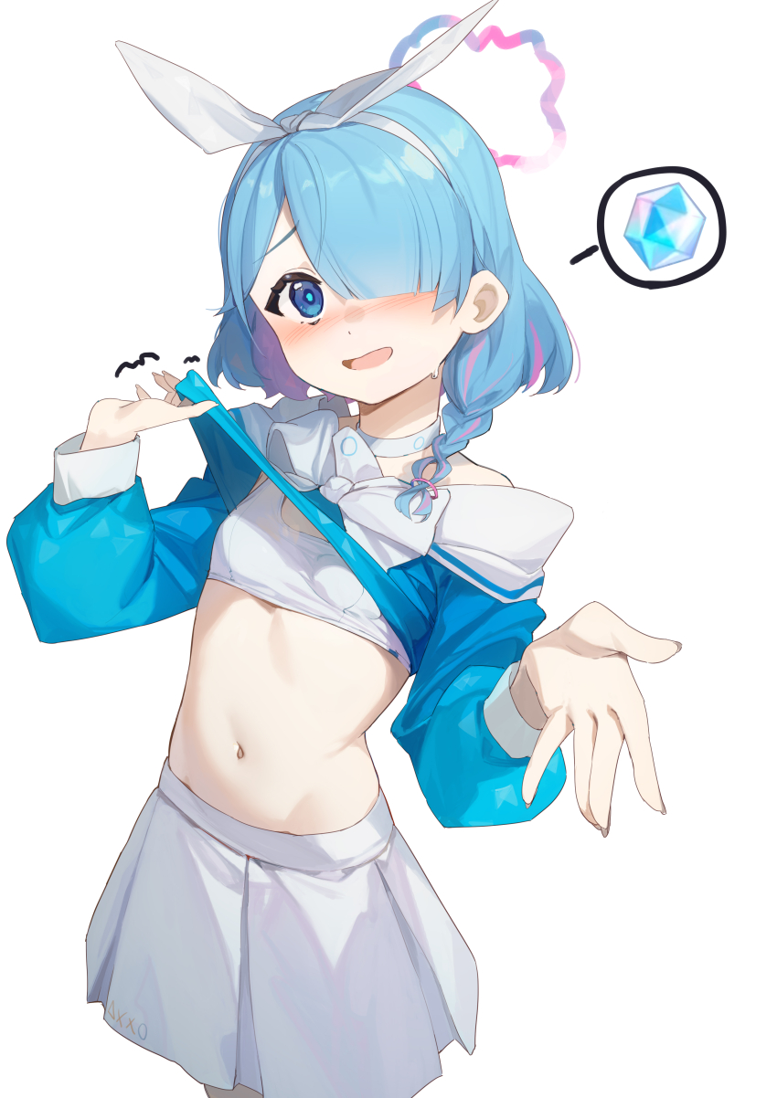 1girl, absurdres, arona_(blue_archive), blue_archive, blue_eyes, blue_hair, blue_shirt, blush, bra, breasts, choker, clothes_lift, colored_inner_hair, cowboy_shot, embarrassed, hair_over_one_eye, hair_ribbon, halo, highres, hokushuu, lifting_own_clothes, long_sleeves, looking_at_viewer, medium_hair, multicolored_hair, one_eye_covered, open_mouth, pink_hair, pink_halo, reaching, reaching_towards_viewer, ribbon, shirt, shirt_lift, simple_background, skirt, small_breasts, solo, speech_bubble, spoken_object, sports_bra, standing, stomach, streaked_hair, sweat, training_bra, underwear, variant_set, white_background, white_bra, white_choker, white_ribbon, white_skirt