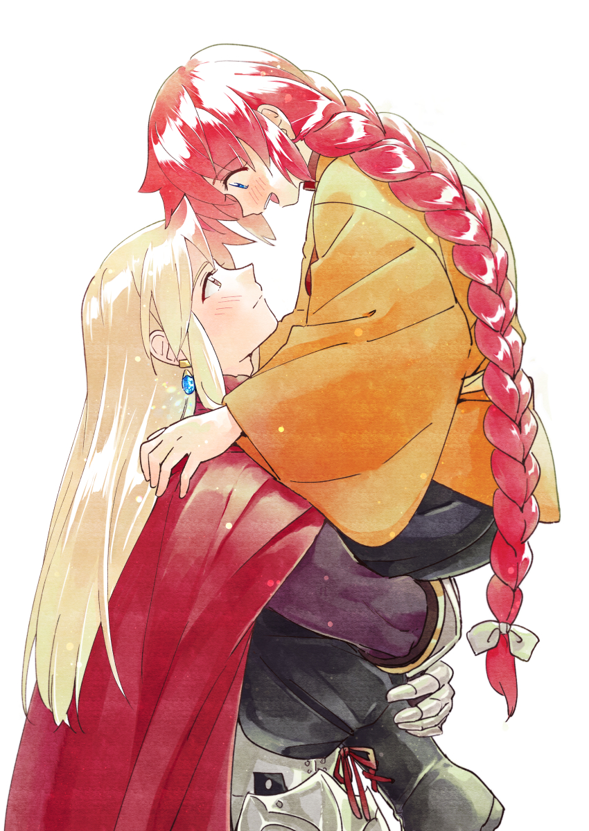 1boy, 1girl, :d, absurdres, black_pants, blush, braid, braided_ponytail