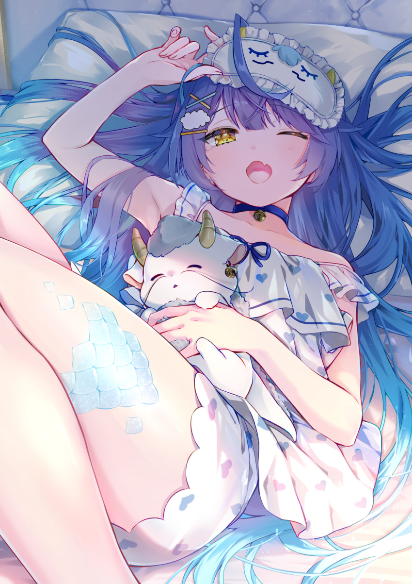 1girl, ;o, amamiya_kokoro, amamiya_kokoro_(6th_costume), armpits, bed, bell, blue_choker