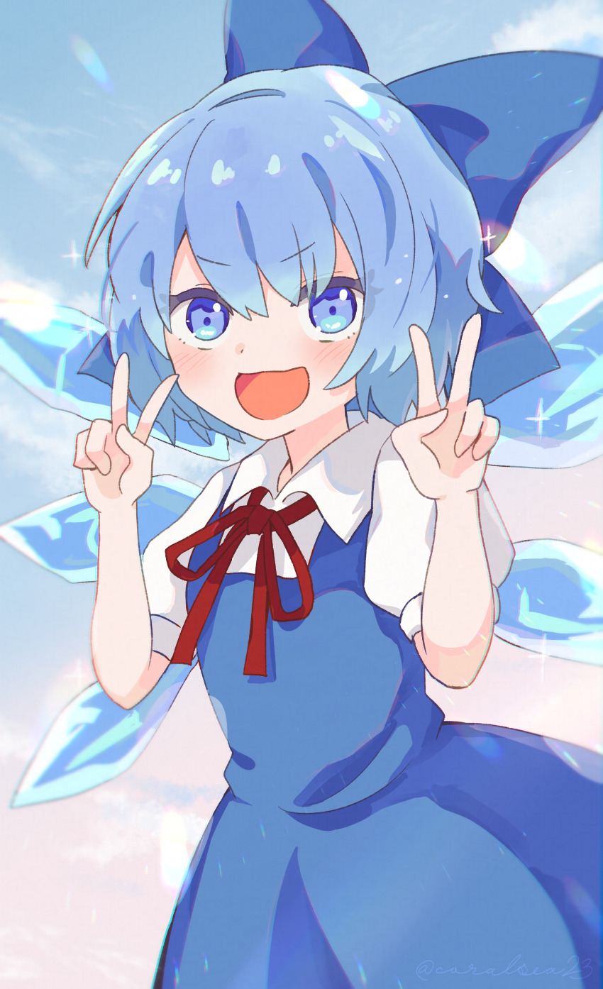 1girl, absurdres, blue_eyes, blue_hair, blush, bow, cirno, double_v