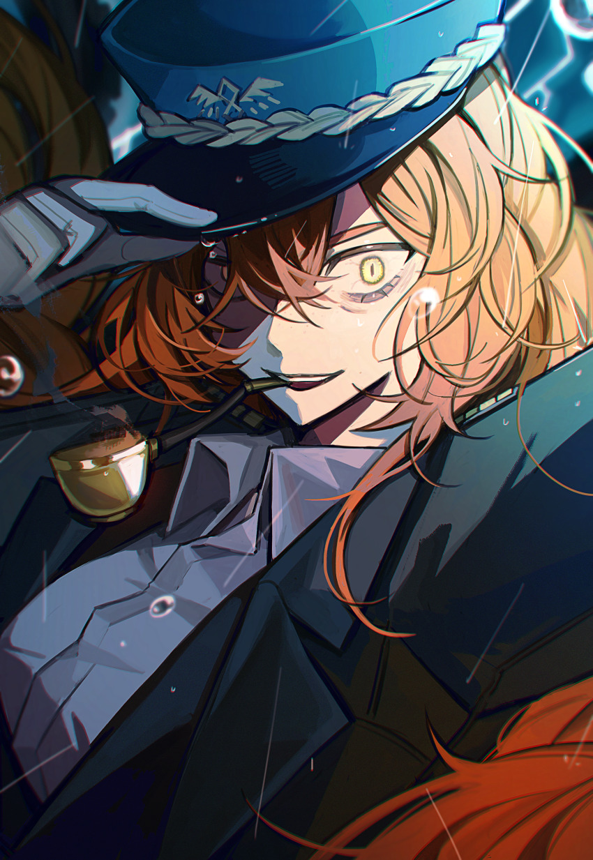 1girl, absurdres, adjusting_clothes, adjusting_headwear, bloodshot_eyes, collared_shirt, commentary_request, dress_shirt