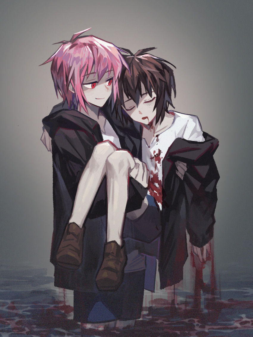 2boys, bishounen, black_jacket, black_shorts, blood, blood_from_mouth, blood_on_clothes, blue_shorts