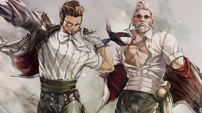 2boys, beard, brown_hair, dressing, facial_hair, father_and_child, father_and_son, final_fantasy