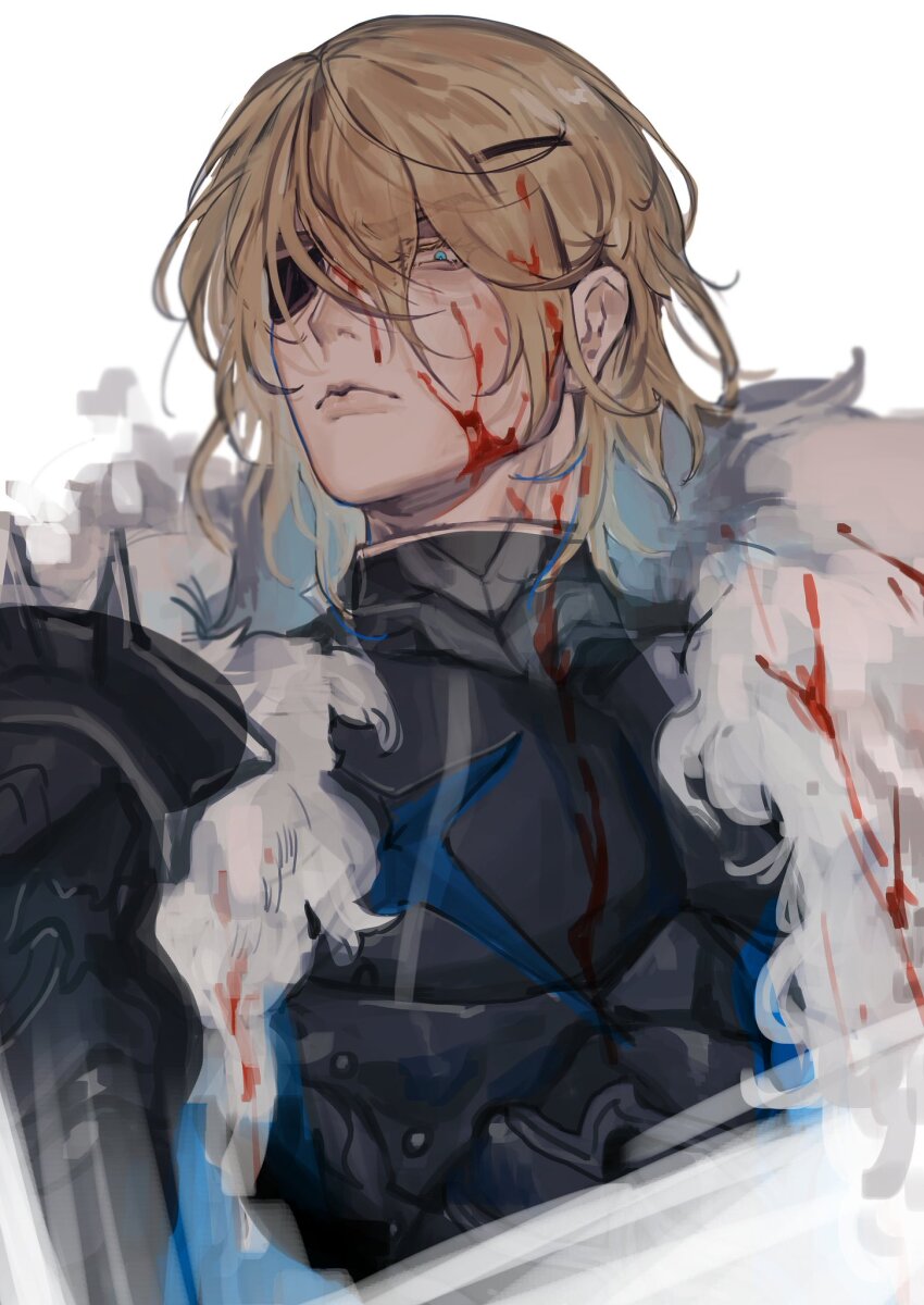 1boy, armor, bii_(chigonez), black_armor, blonde_hair, blood, blood_in_hair, blood_on_armor