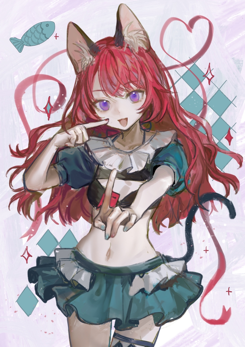 1girl, :d, absurdres, animal_ear_fluff, animal_ears, aqua_nails, aqua_skirt, aqua_sleeves