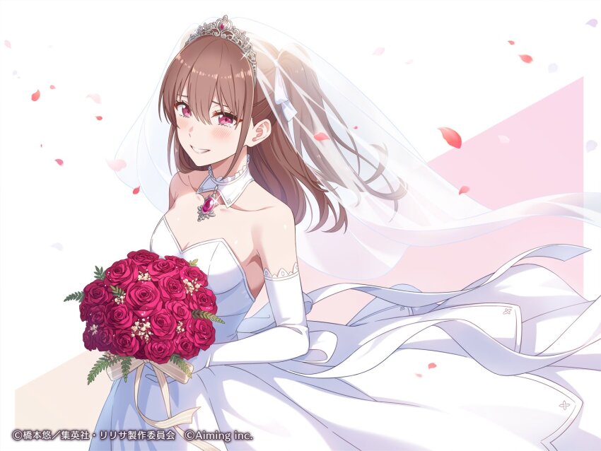 1girl, 2.5_jigen_no_ririsa, 2.5_jigen_no_ririsa_tenshitachi_no_stage, blush, bouquet, breasts, bridal_veil, brooch
